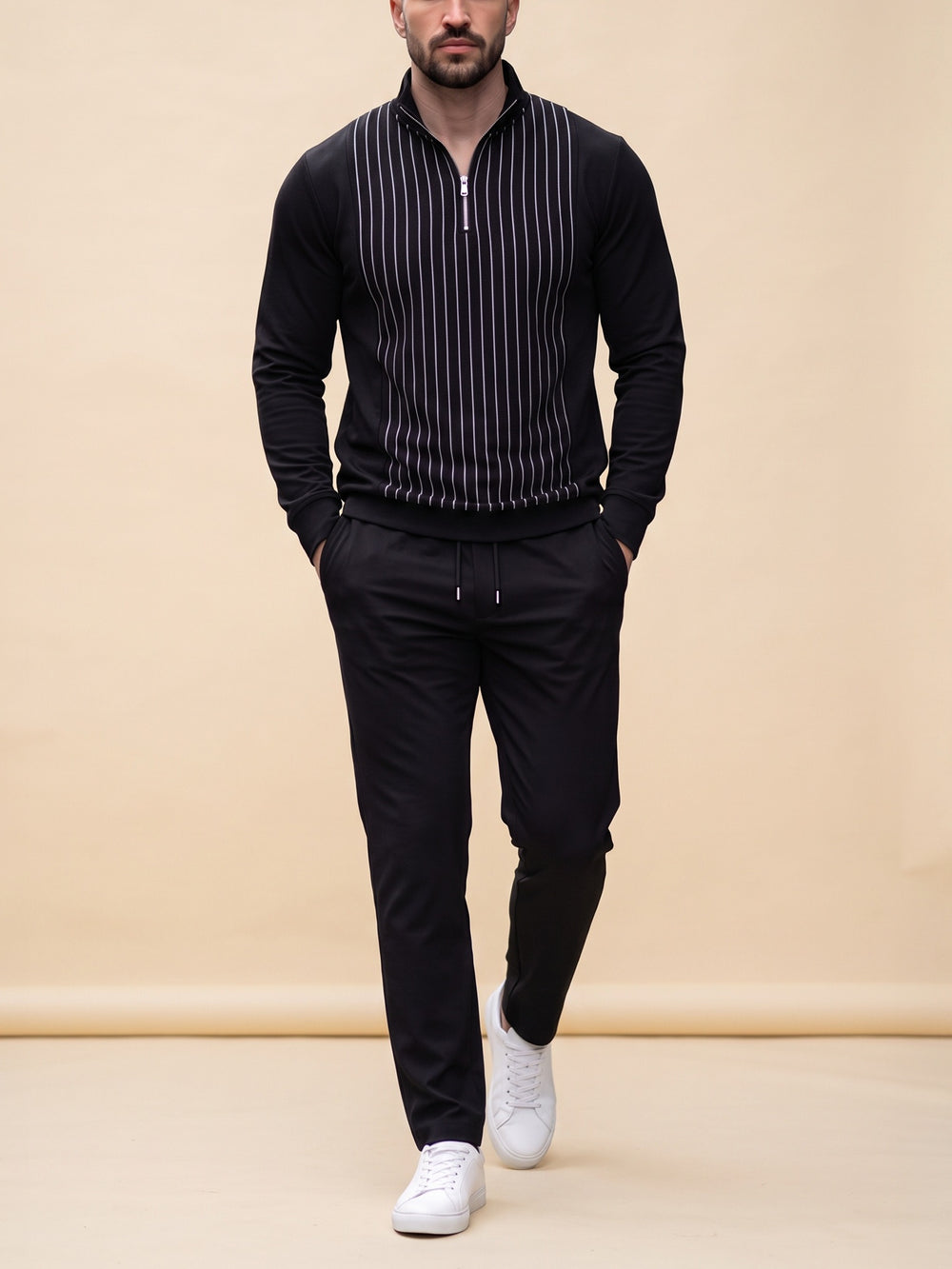 Black Pinstripe quarter zip set, cream studio