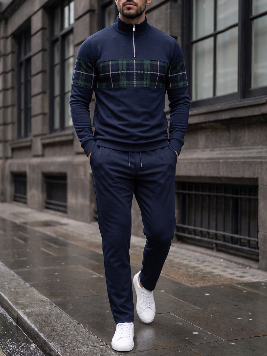 Navy Tartan quarter zip set, street