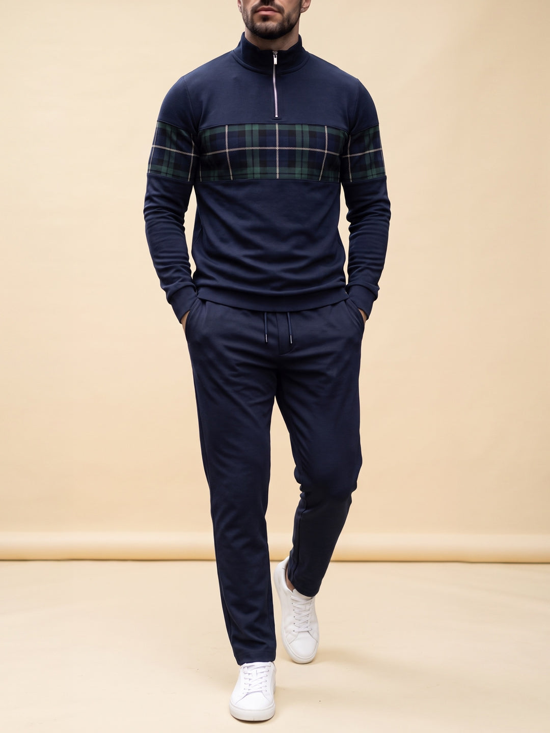 Navy Tartan quarter zip set, cream studio