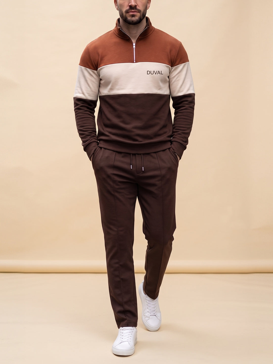 Rust Tri-Block quarter zip set, cream studio
