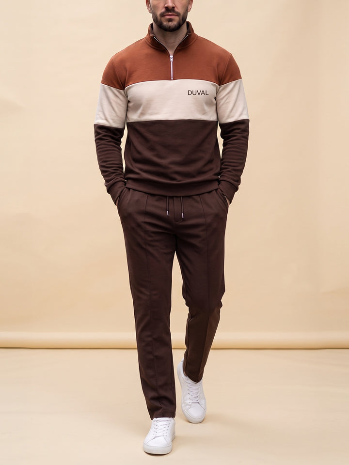Rust Tri-Block quarter zip set, cream studio