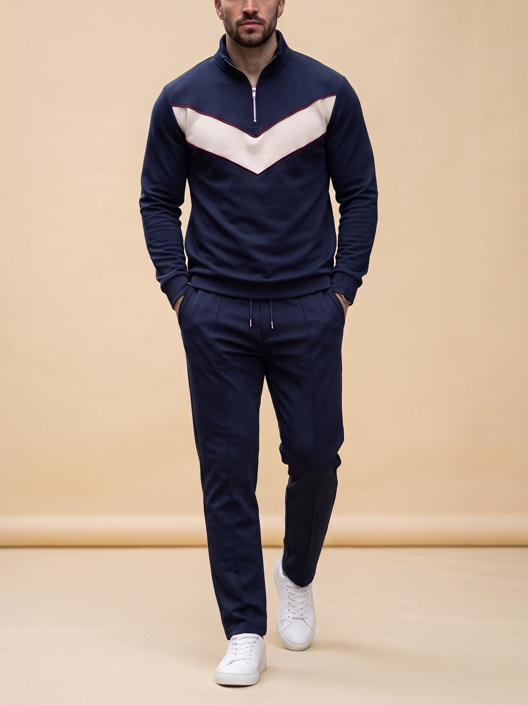 Navy Chevron quarter zip set, cream studio
