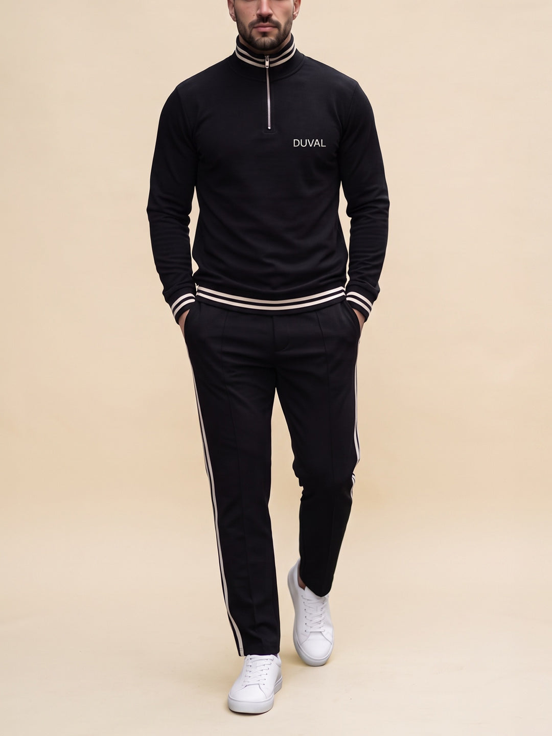 Black Tipped quarter zip set, cream studio