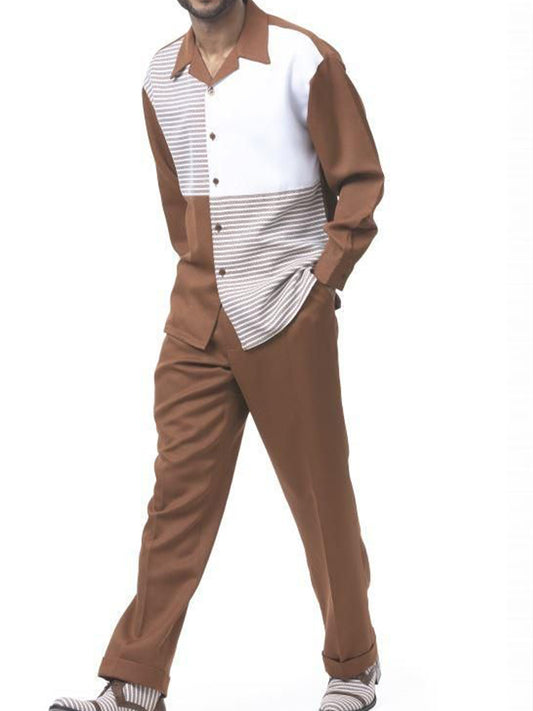 Long Sleeve Brown and White Two-Piece Walking Set