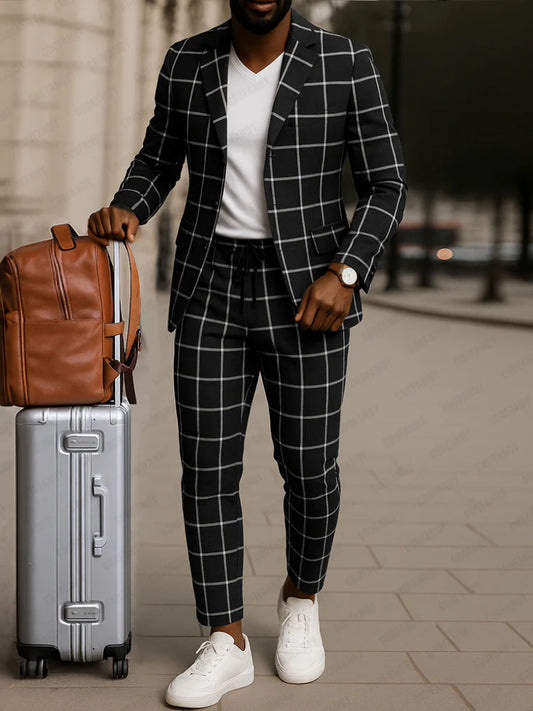 Classic Plaid Print Blazer Pants Set