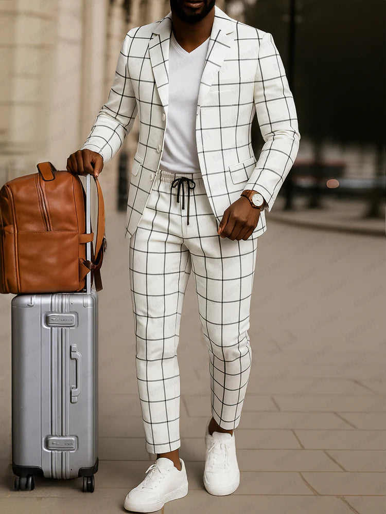 Classic Plaid Print Blazer Pants Set