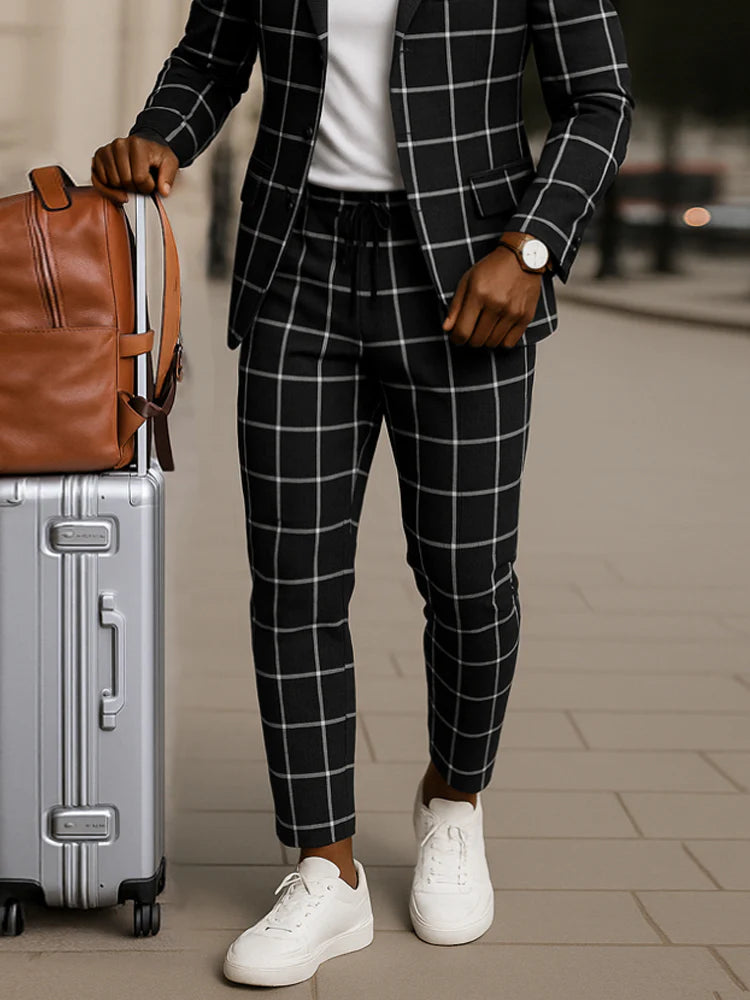 Classic Plaid Print Blazer Pants Set