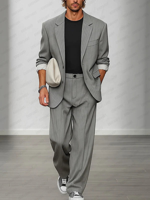 Smart Casual Striped Blazer and Pants Set