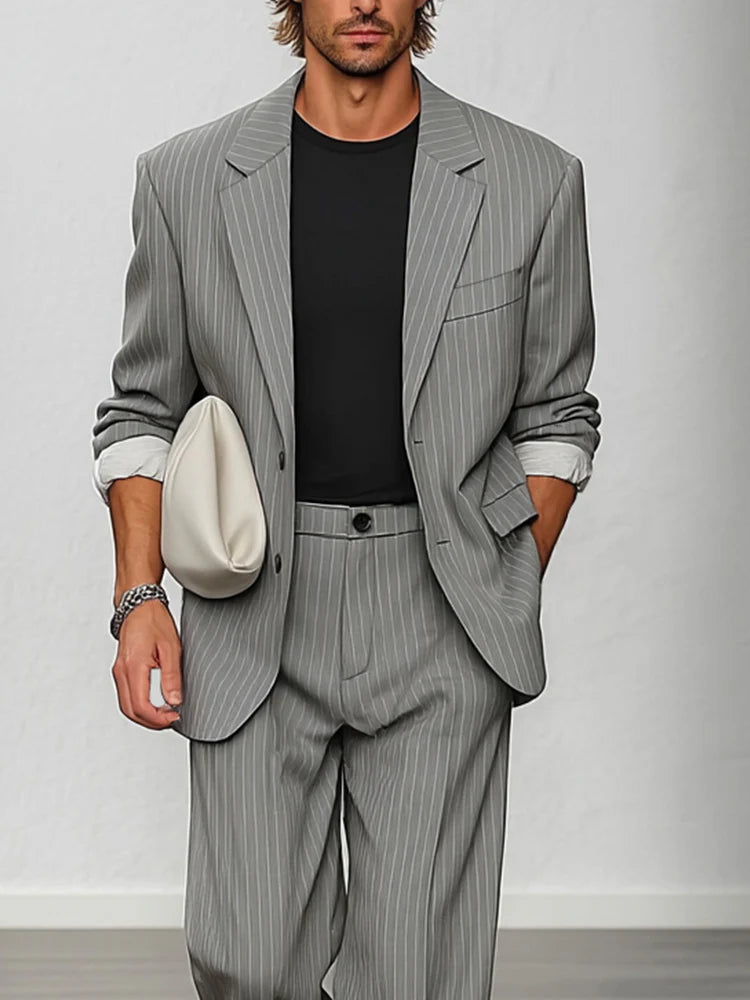 Smart Casual Striped Blazer and Pants Set