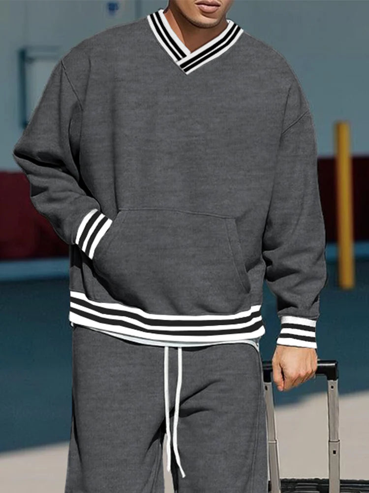 Casual Contrast Ribbed Sweatshirt Pants Set
