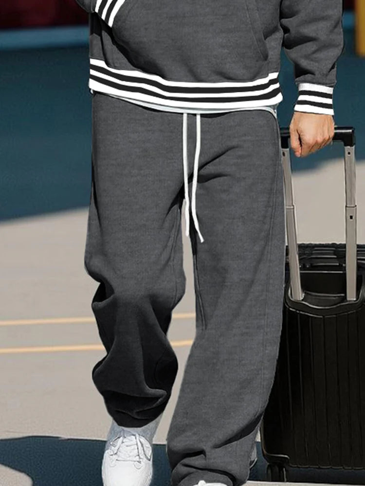 Casual Contrast Ribbed Sweatshirt Pants Set