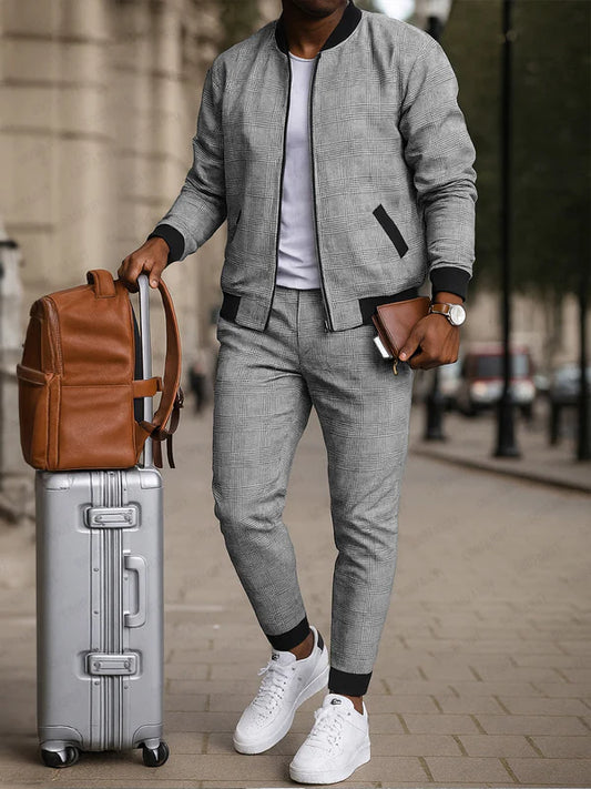 Smart Casual Plaid Tracksuit Set