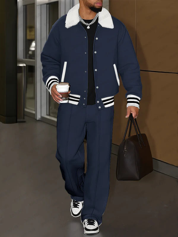 Urban Casual Plush Trim Jacket Pants Set