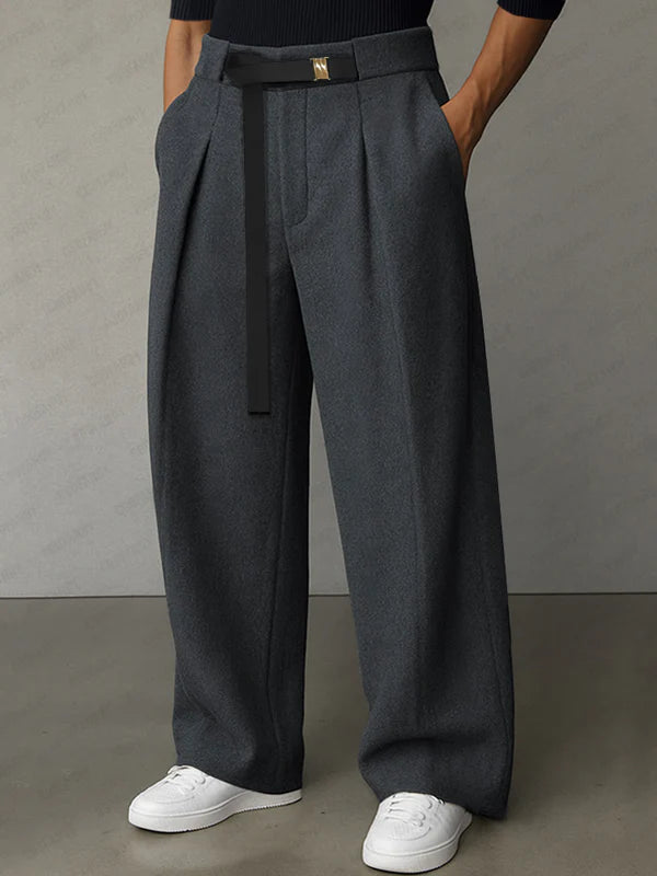 Casual Belt Accent Straight Cut Suit Pants