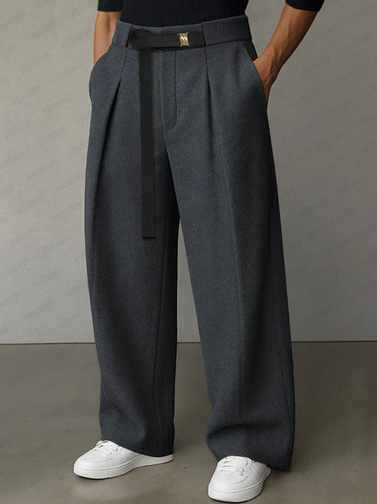 Casual Belt Accent Straight Cut Suit Pants