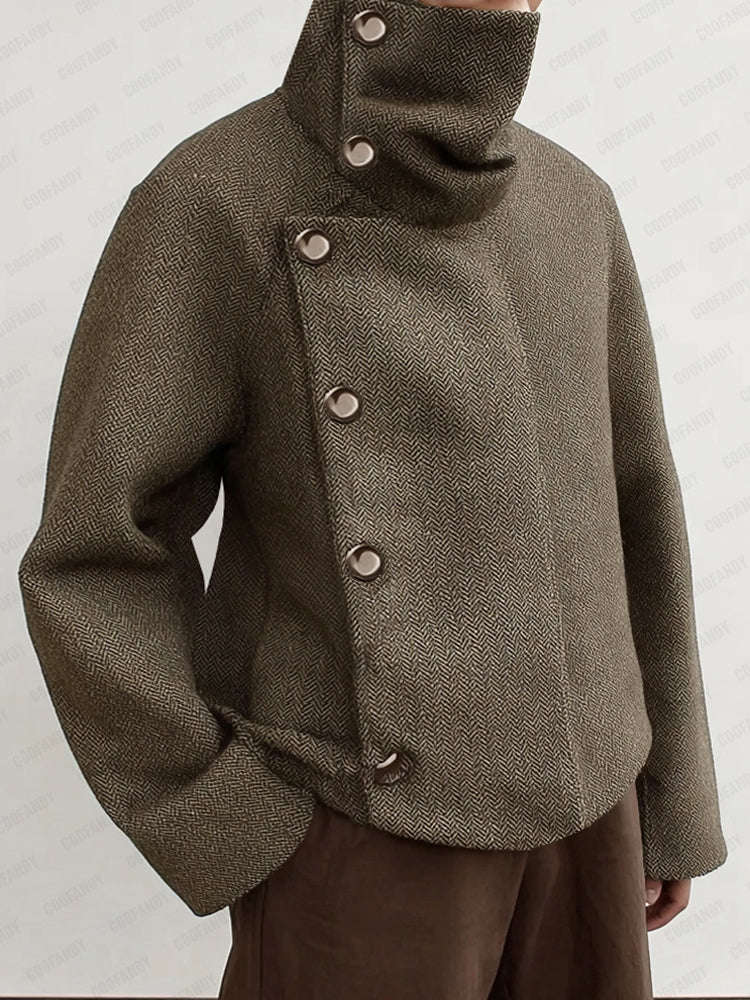 Retro Style Turtleneck Herringbone Jacket