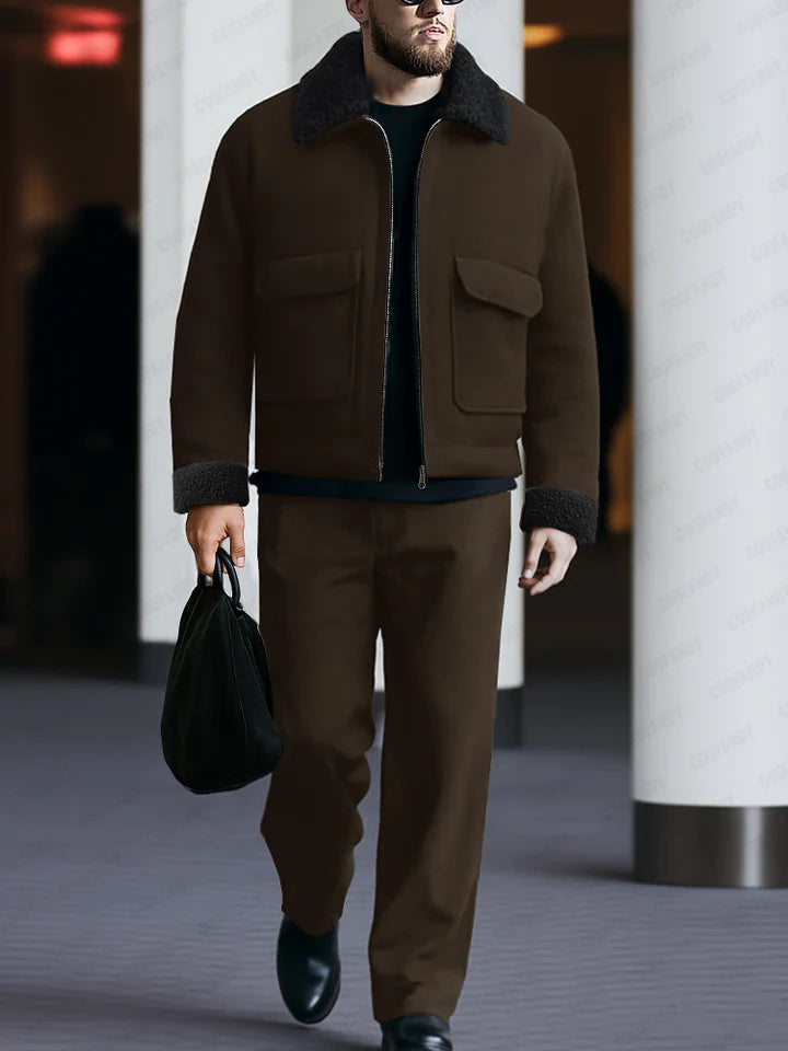 Urban Casual Fleece Collar Jacket Pants Set