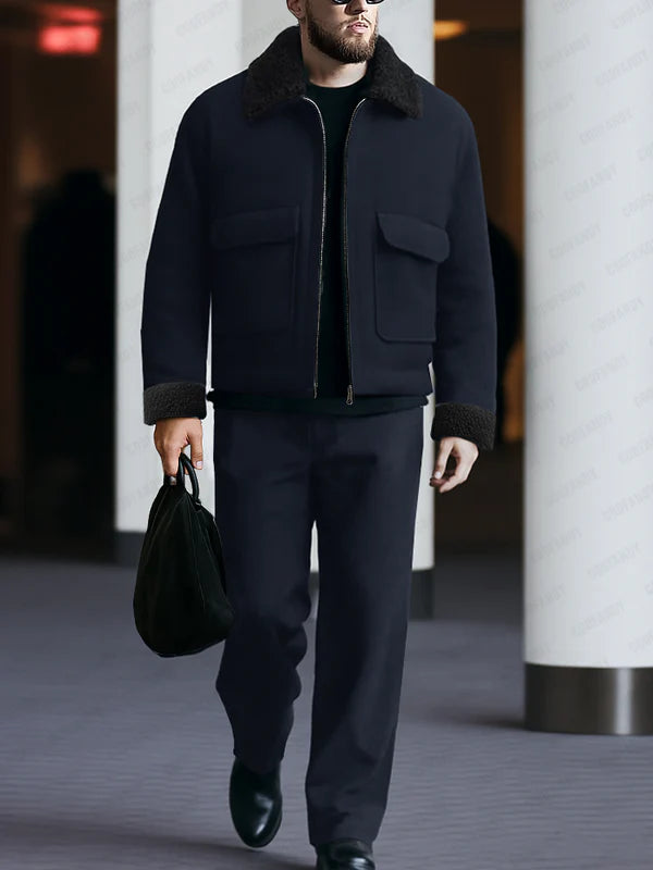 Urban Casual Fleece Collar Jacket Pants Set