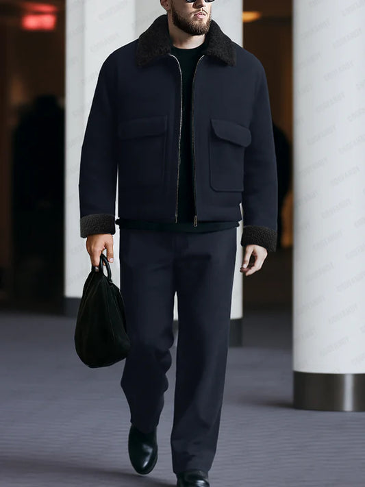 Urban Casual Fleece Collar Jacket Pants Set