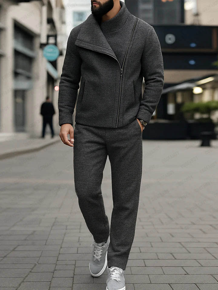 Unique Diagonal Zipper Jacket Pants Set