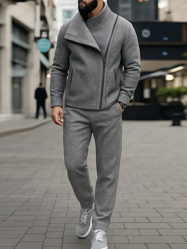 Unique Diagonal Zipper Jacket Pants Set