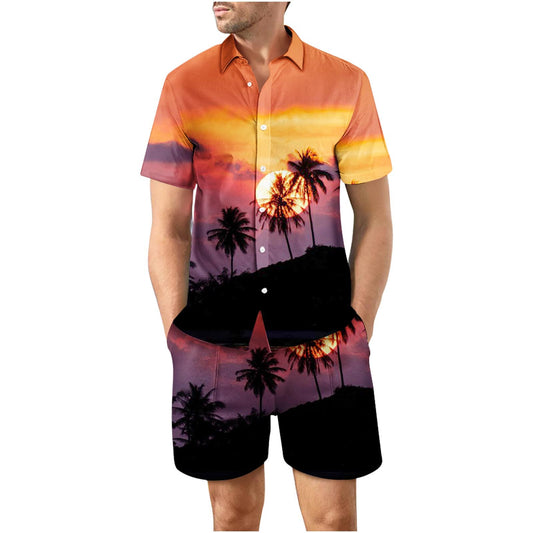 Tropical Sunset Button Up Short Sleeve and Shorts Loose Men's Set