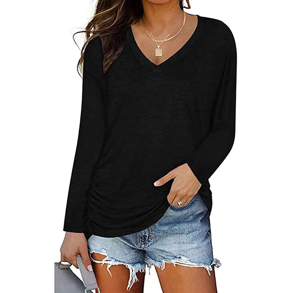 V-Neck Pleated Long-Sleeved T-Shirt Solid Color Loose Casual Top