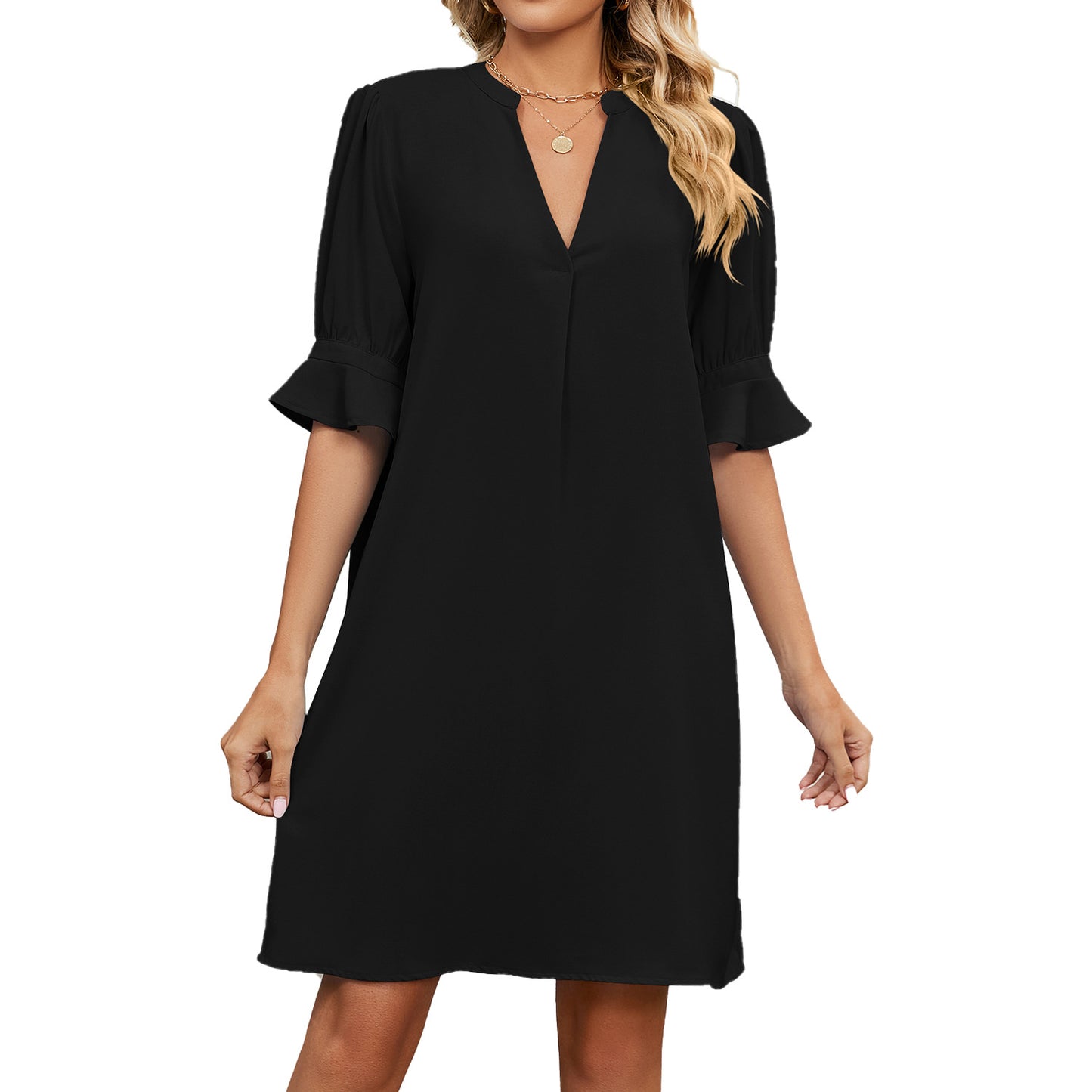 Solid Color V-Neck Loose Gathered Half Sleeve Dress