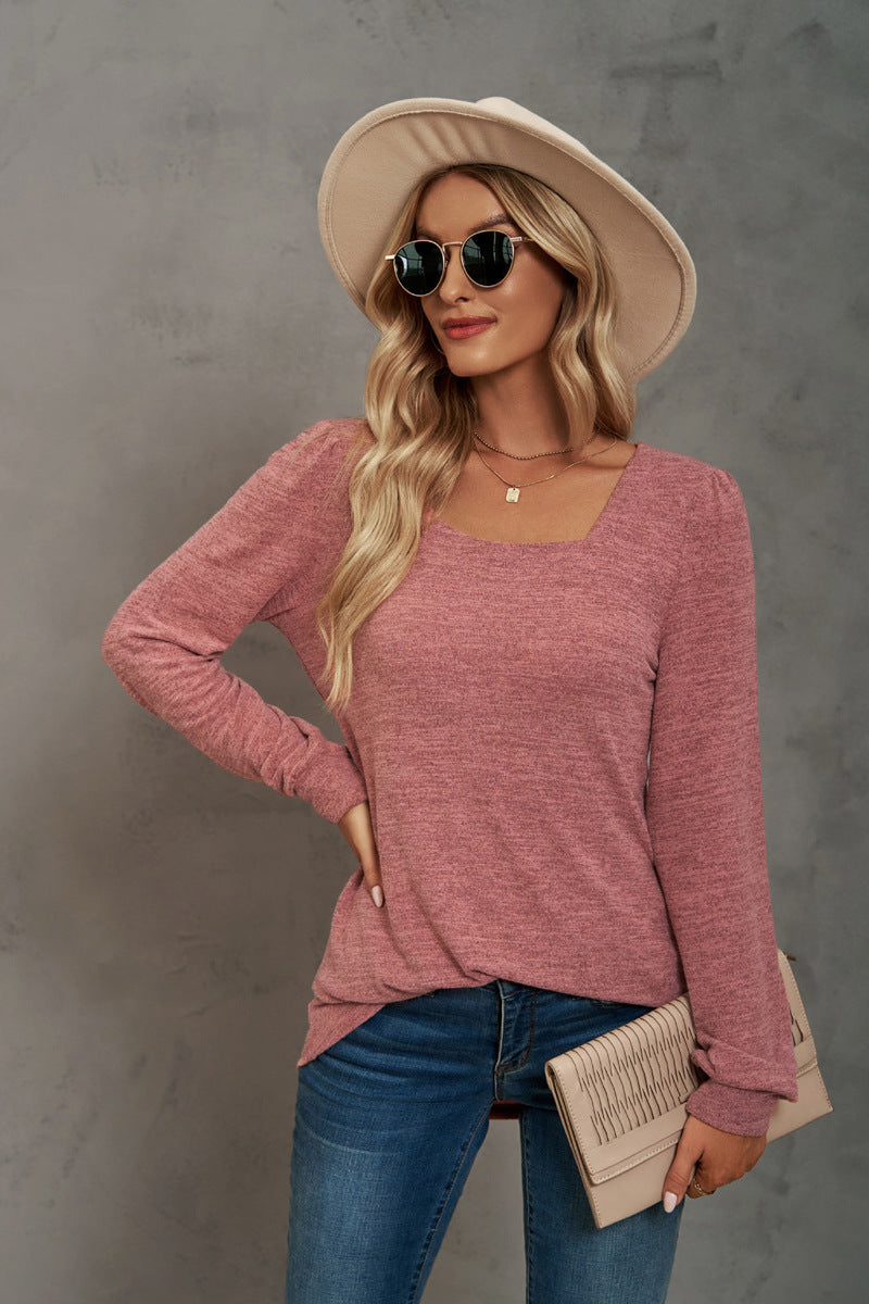 Solid Color U-Neck Wrinkled Long-Sleeved Casual Puff Sleeve Bottoming Shirt