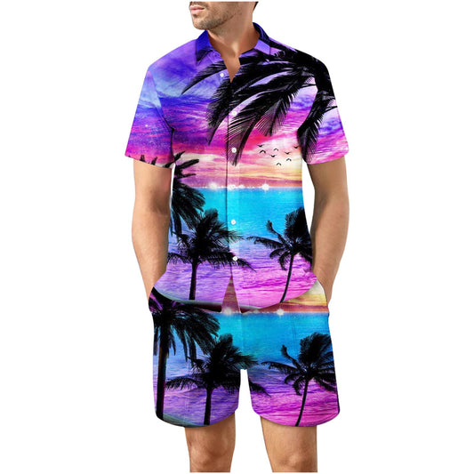 Tropical Purple Button Up Short Sleeve and Shorts Loose Men's Set