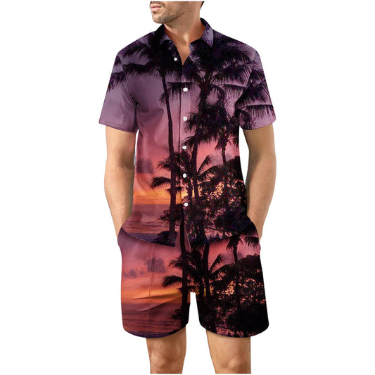 Tropical Violet Button Up Short Sleeve and Shorts Loose Men's Set