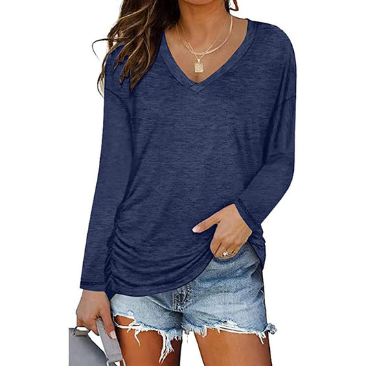 V-Neck Pleated Long-Sleeved T-Shirt Solid Color Loose Casual Top
