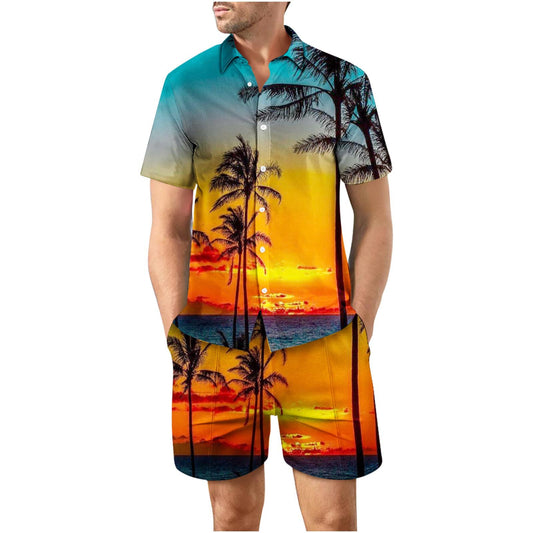 Tropical Sunset Second Button Up Short Sleeve and Shorts Loose Men's Set