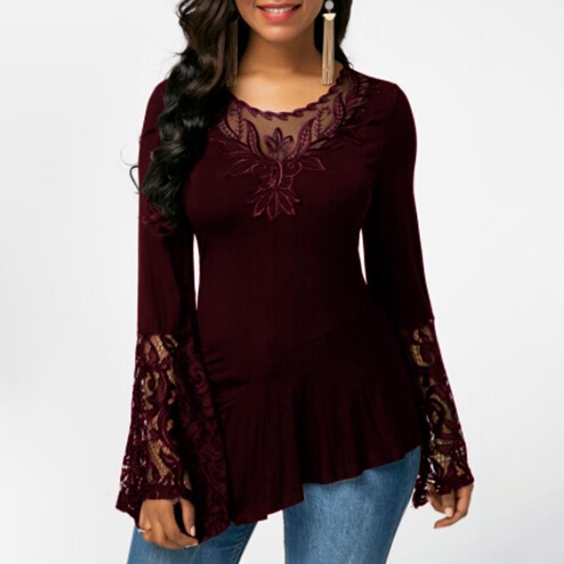 Long-Sleeved Lace Paneled Irregular T-shirt