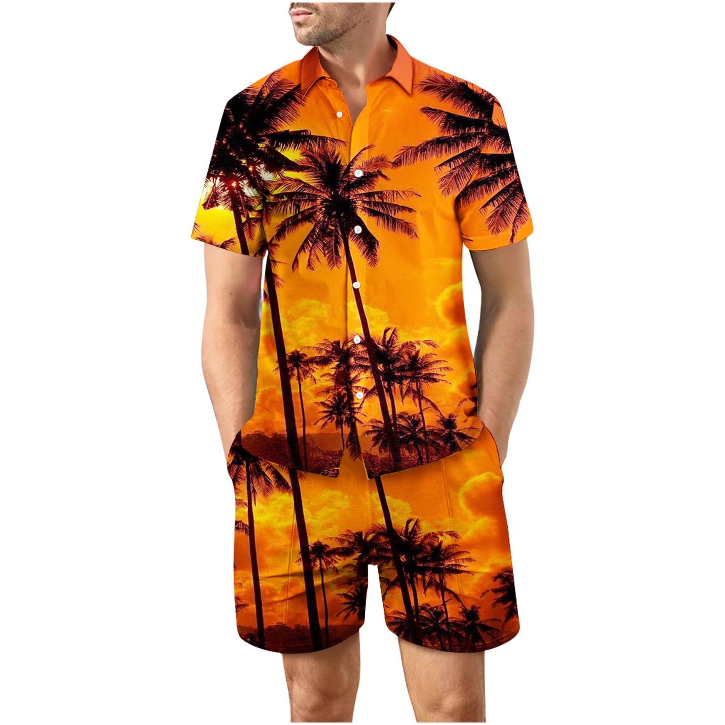 Tropical Orange Button Up Short Sleeve and Shorts Loose Men's Set