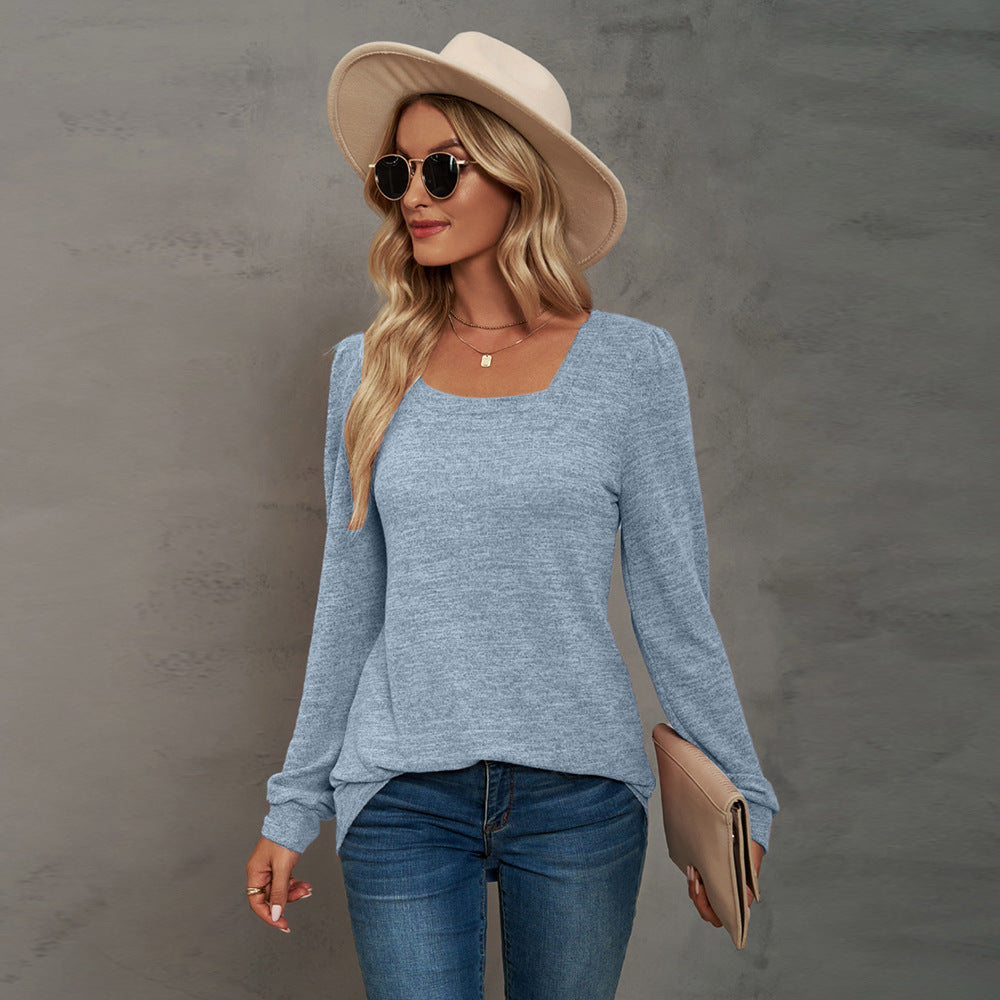 Solid Color U-Neck Wrinkled Long-Sleeved Casual Puff Sleeve Bottoming Shirt