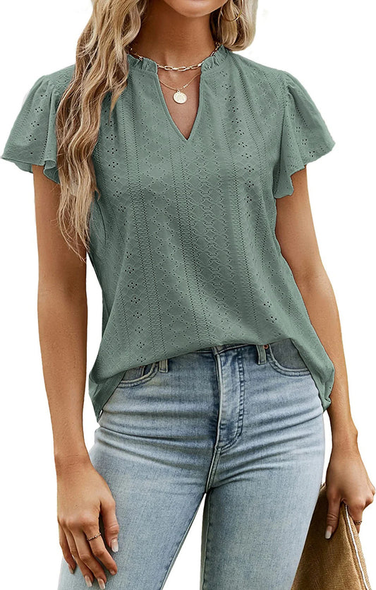 New Jacquard V-Neck Pile Sleeve Short-Sleeved T-shirt Top