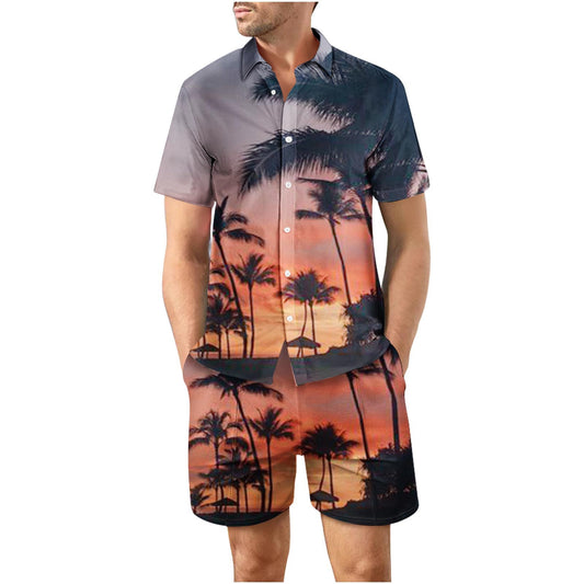 Tropical Sunset Third Button Up Short Sleeve and Shorts Loose Men's Set