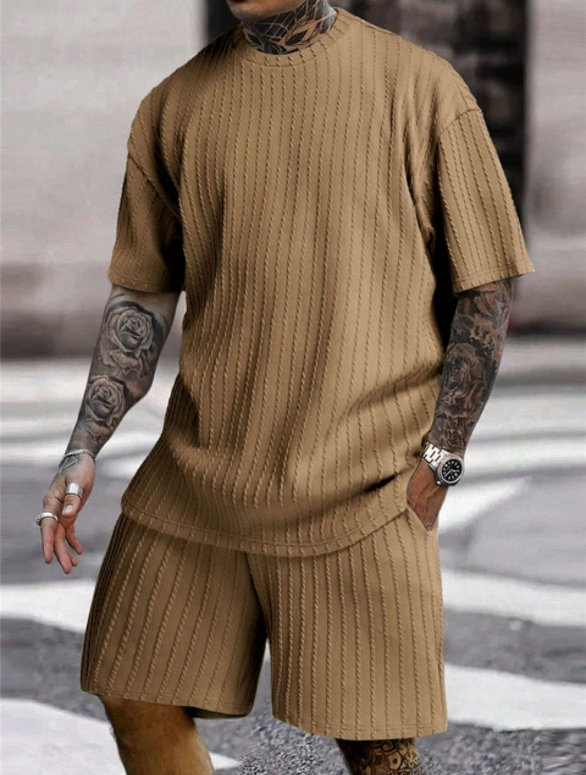 Hypemode Chemise boutonnée unie et pantalon à taille avec cordon de serrage pour homme sans t-shirt 