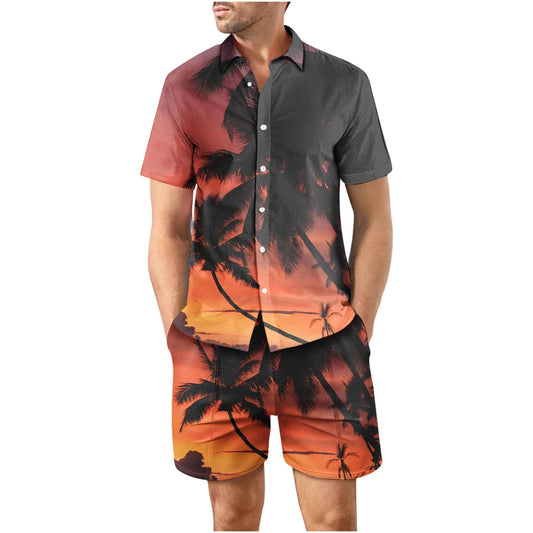 Tropical Sunset Fourth Button Up Short Sleeve and Shorts Loose Men's Set