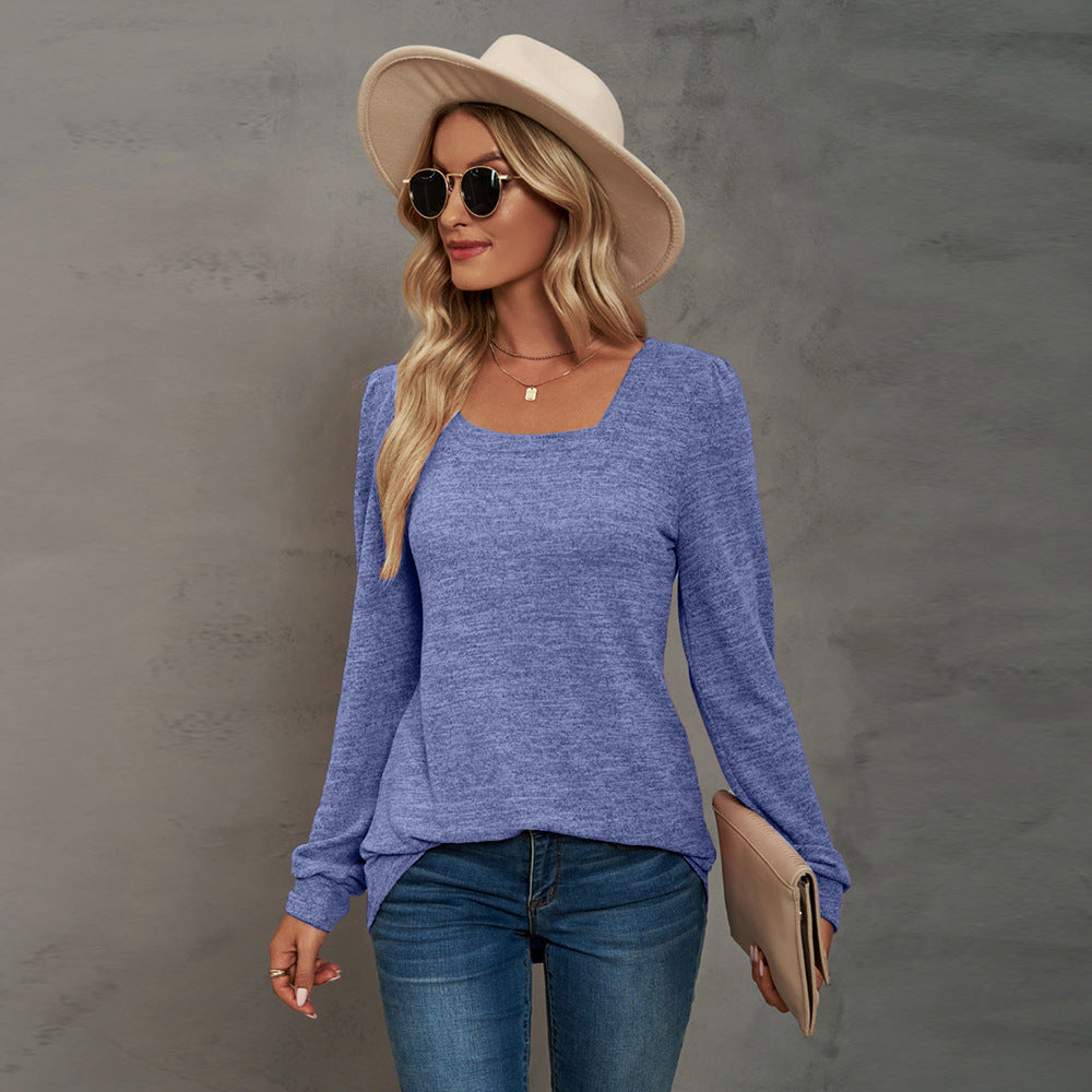 Solid Color U-Neck Wrinkled Long-Sleeved Casual Puff Sleeve Bottoming Shirt