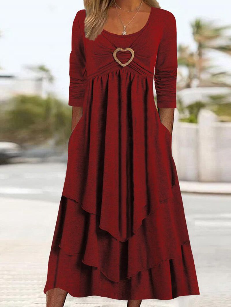 Solid Color Ripple Waist Casual Love Dress