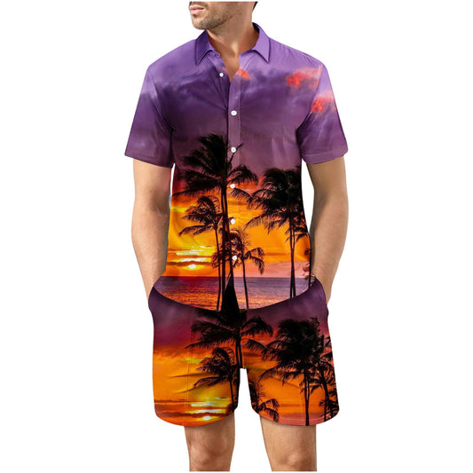 Tropical Sunset Fifth Button Up Short Sleeve and Shorts Loose Men's Set