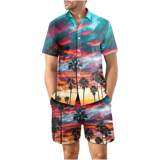 Tropical Sunset Sixth Button Up Short Sleeve and Shorts Loose Men's Set