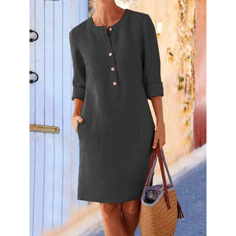 Plus Size Ladies Cotton Linen Round Neck Long Sleeve Dress