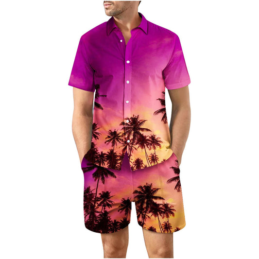 Tropical Sunset Eighth Button Up Short Sleeve and Shorts Loose Men's Set