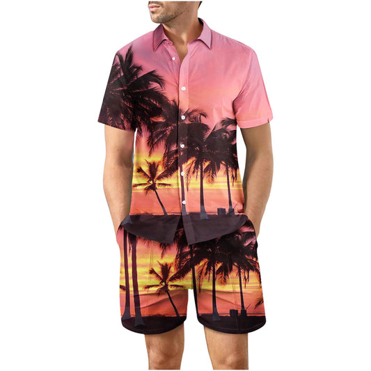 Tropical Sunset Ninth Button Up Short Sleeve and Shorts Loose Men's Set