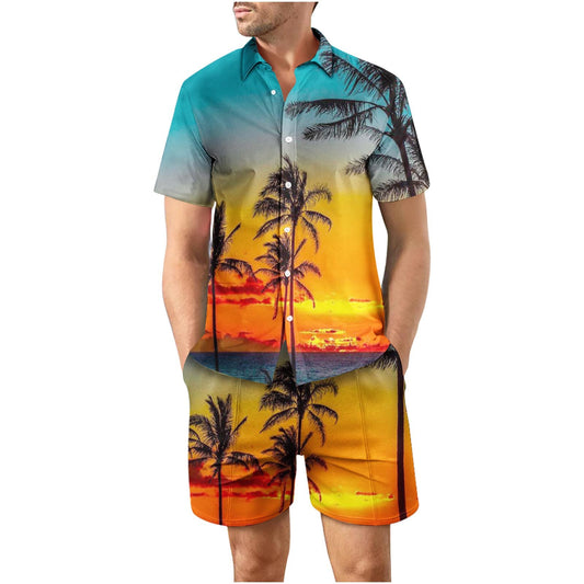 Tropical Sunset 14 Button Up Short Sleeve and Shorts Loose Men's Set