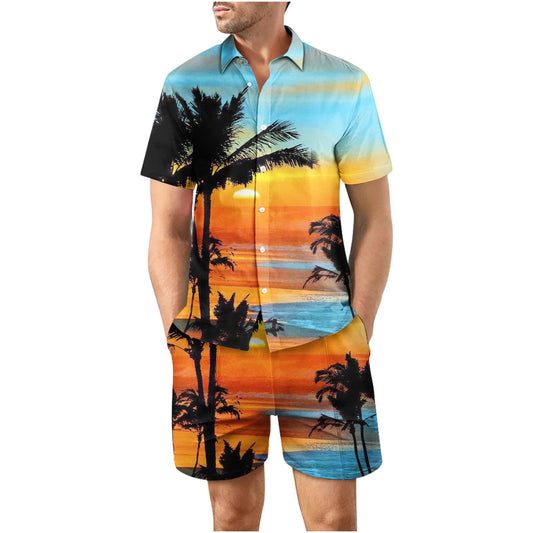 Tropical Sunset 15 Button Up Short Sleeve and Shorts Loose Men's Set