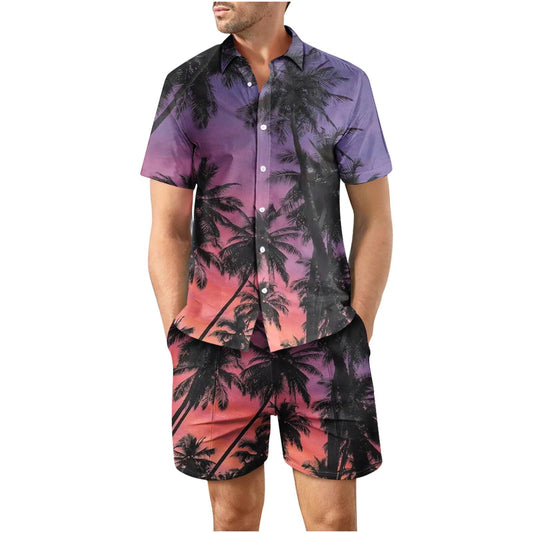 Tropical Sunset 19 Button Up Short Sleeve and Shorts Loose Men's Set